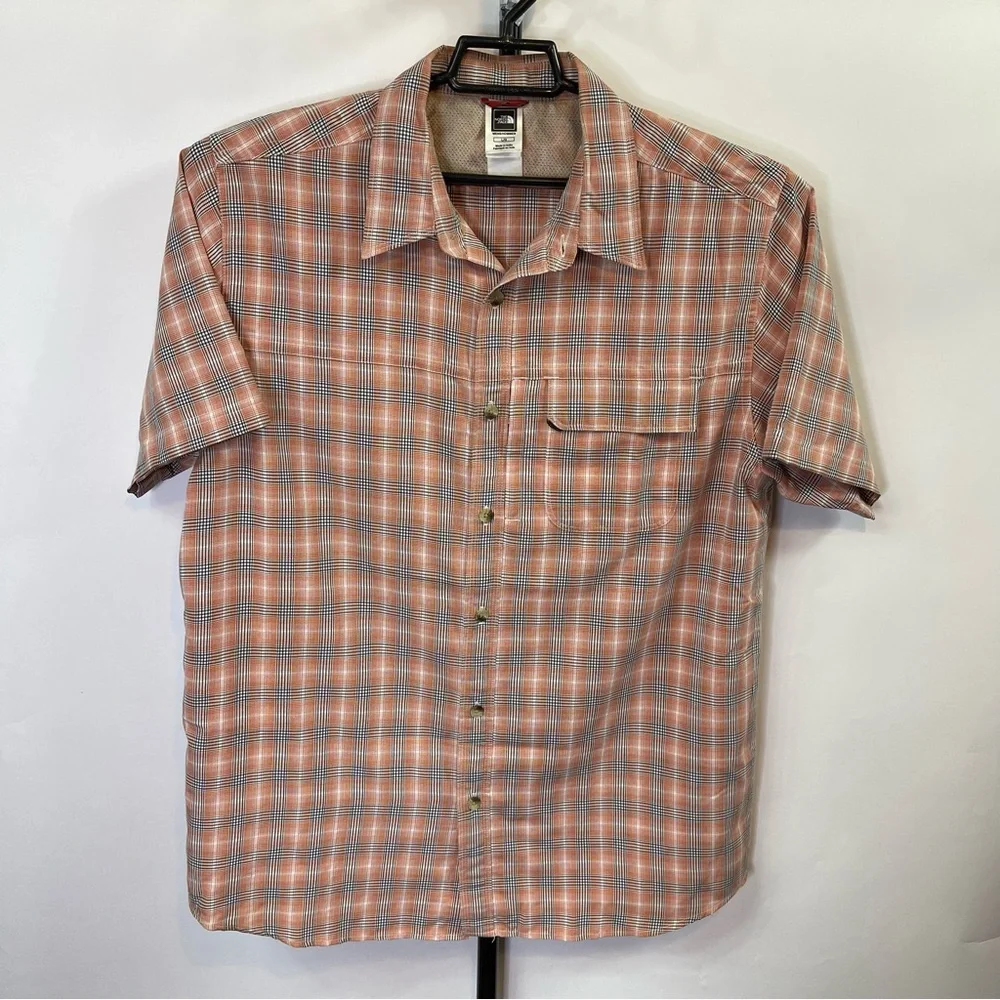 The North Face Orange Black White Plaid Short Sleeve Shirt Size Large Men’s